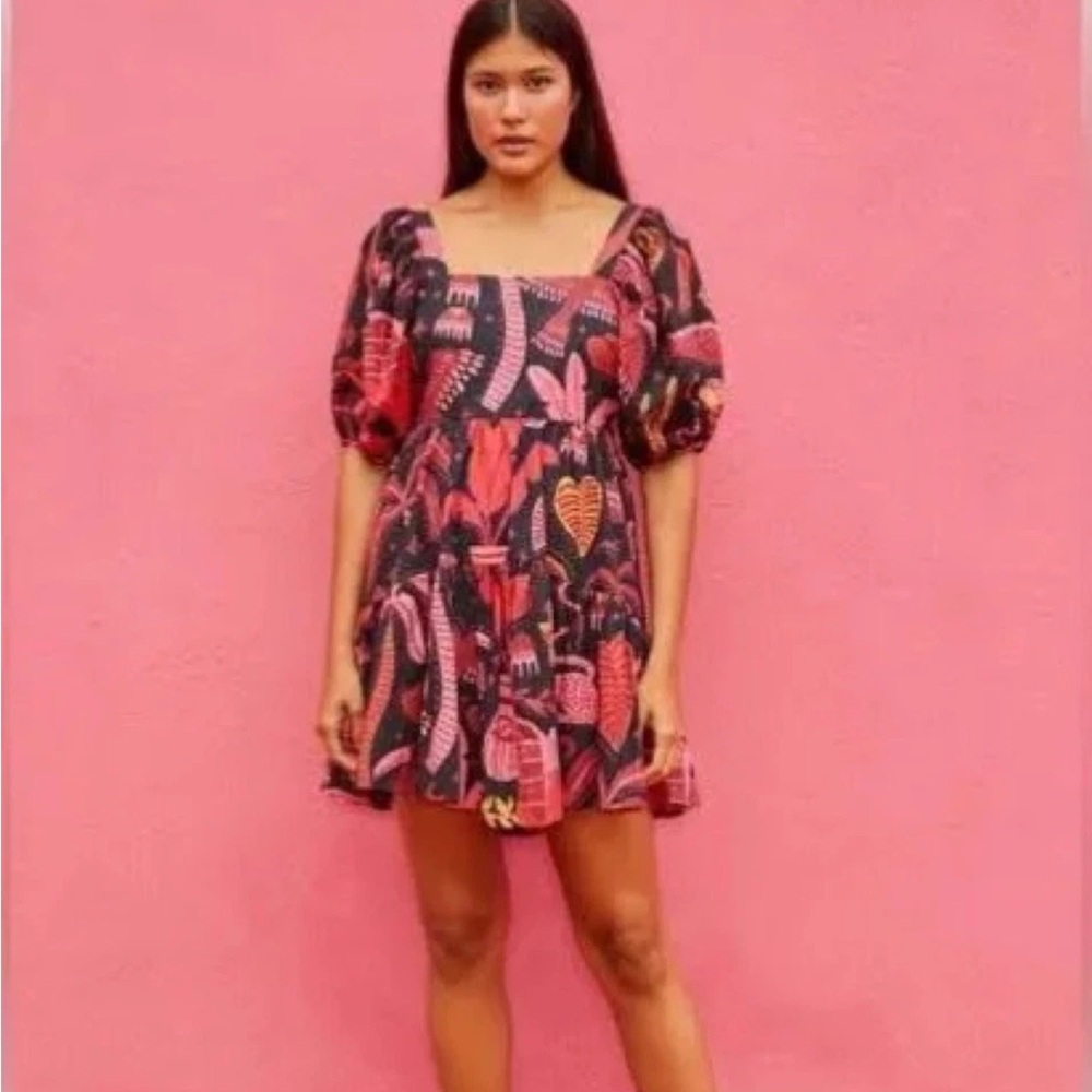 Farm Rio Black & Pink Puff Sleeve Tiered Dress